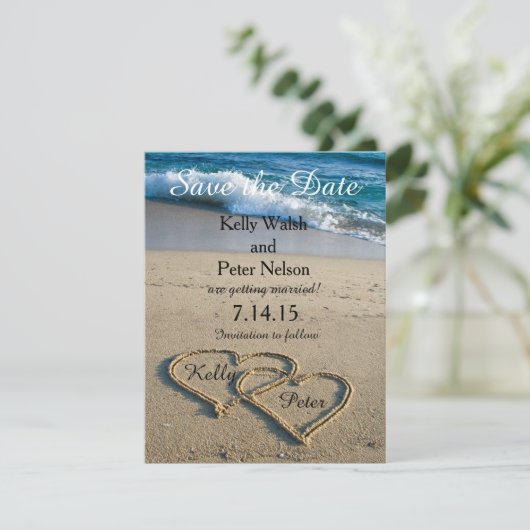 Herz auf der Shore Beach Save the Date Card (Stehend Vorderseite)