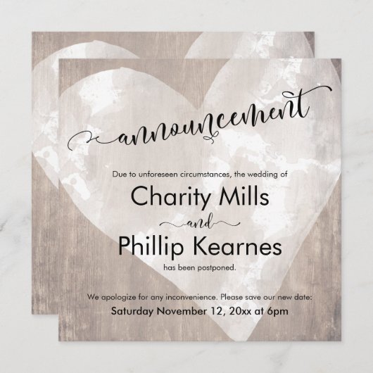 Herz auf Holz verschoben Hochzeit Ankündigung (Vorne/Hinten)