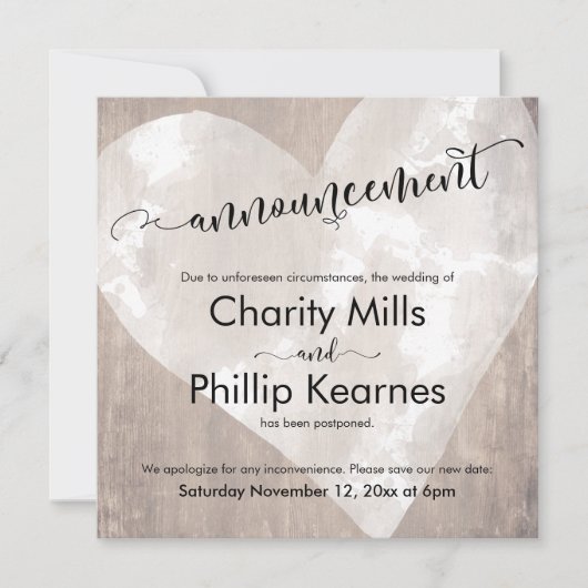 Herz auf Holz verschoben Hochzeit Ankündigung (Vorderseite)