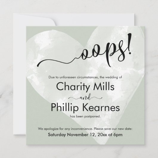 Herz auf Sage Green Oops! Verspätete Hochzeitskart (Vorderseite)