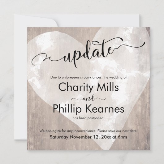 Herz auf Wood - Hochzeitsaktualisierkarte verschob (Vorderseite)