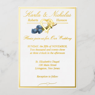 Herz & Blaue Rosen, Elegante weiße Hochzeit, Gold Folieneinladung
