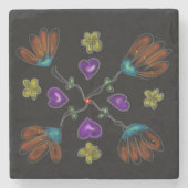 Herz & Blume auf Schwarz Steinuntersetzer (Vorderseite)