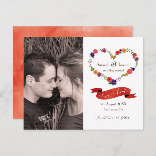 Herz-Blume Kranz Rustikale Hochzeit Ankündigung (Vorne/Hinten)