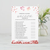 Herz-Braut & Bräutigam Trivia Brautparty Card Ankündigung (Stehend Vorderseite)