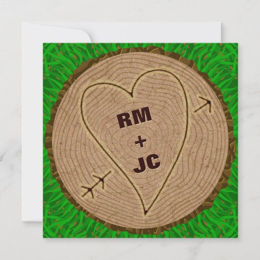 Herz Carved Initials Wood Tree Rings Wedding Einladung (Vorderseite)