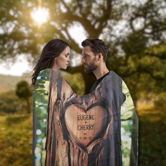 Herz Carved Names Wood Tree Trunk Fleece Blanket