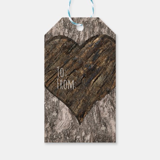 Herz Carved Tree Trunk Bark Rustikale Hochzeit Geschenkanhänger (Vorderseite)