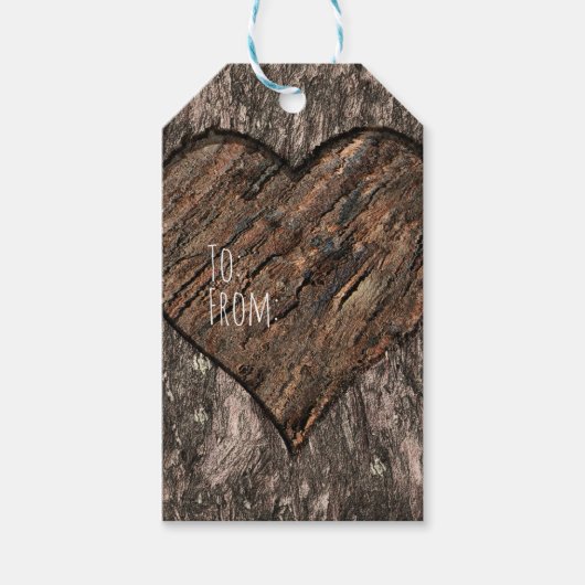 Herz Carved Tree Trunk Bark Rustikale Hochzeit Geschenkanhänger (Vorderseite)