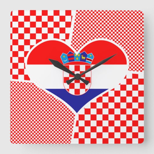 Herz Collage Kroatische Flagge mit Schachbrettern Quadratische Wanduhr (Vorderseite)