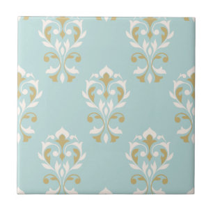 Herz Damast Großes Muster Creme & Gold auf Blau Fliese