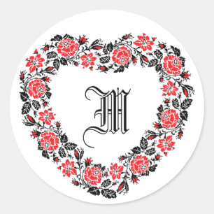 Herz der Blume der Kreuzstich-rote Rose Monogramm Runder Aufkleber