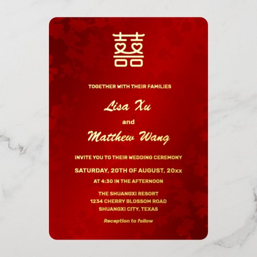 Herz Doppeltes Glück Red Gold Chinesische Hochzeit Folieneinladung (Vorderseite)