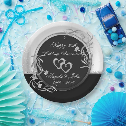 Herz, florales Silber Hochzeitstag Pappteller (Party)