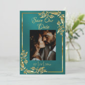 Herz, Foto und Goldrahmen auf Aquamarin Save The Date (Stehend Vorderseite)