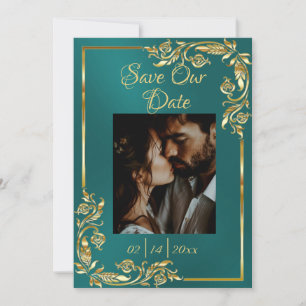Herz, Foto und Goldrahmen auf Aquamarin Save The Date