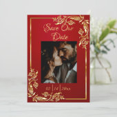 Herz, Foto und Goldrahmen auf Crimson Save The Date (Stehend Vorderseite)