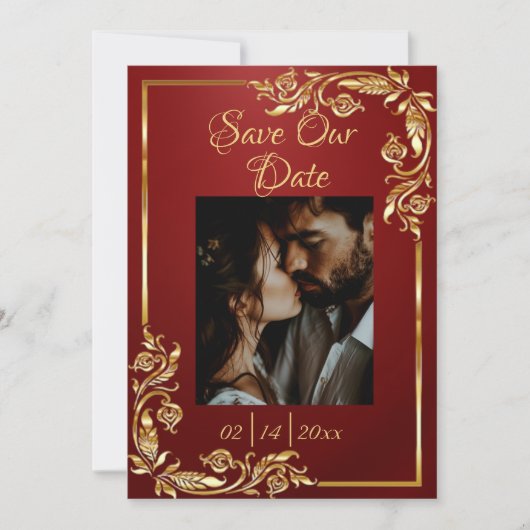 Herz, Foto und Goldrahmen auf Ruby Red Save The Date (Vorderseite)
