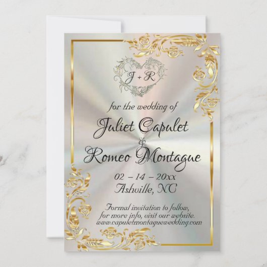 Herz, Foto und Goldrahmen auf weißer Perle Save The Date (Rückseite)