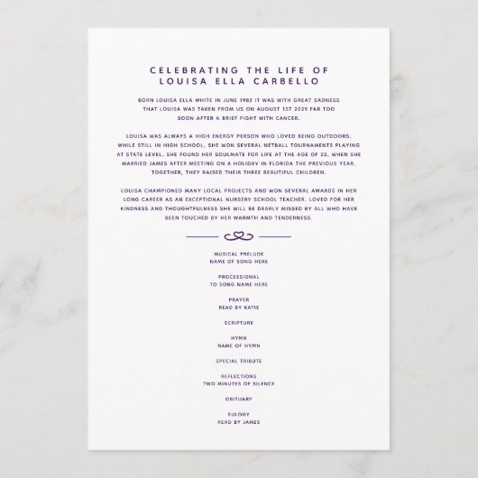 Herz für immer Beerdigungsprogramm dunkel lila Programm (Rückseite)