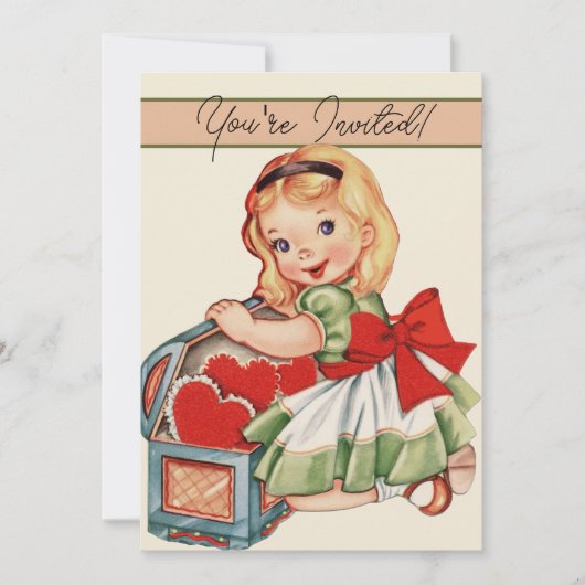 Herz Girl Child Retro Niedliche Kinder Einladung (Vorderseite)