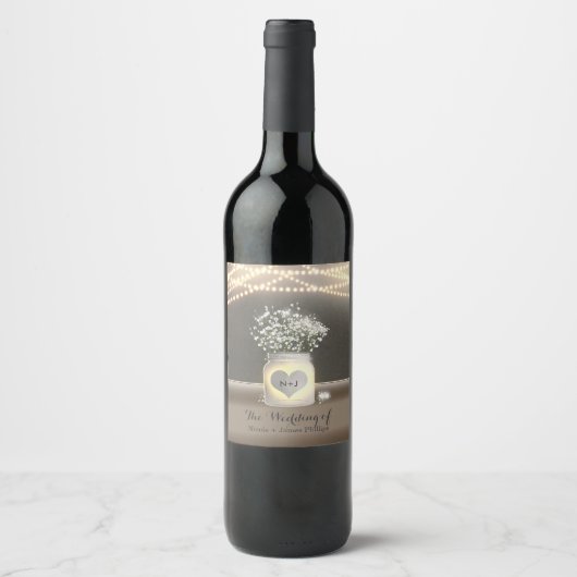 Herz Glows Mason Jar & Gipskraut Weinkeller Weinetikett (Vorderseite)