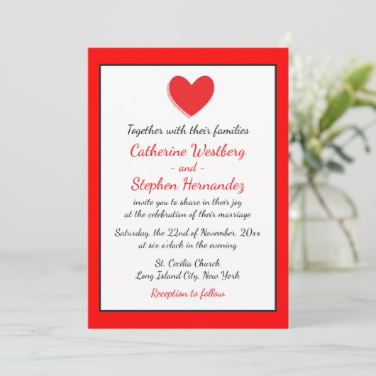 Herz-Hochzeit Einladung Rot, Schwarz & Weiß (Stehend Vorderseite)