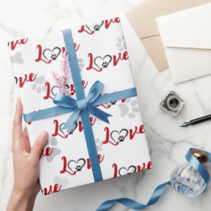 Herz Hund Pfotenabdrücke mit Liebe Text Geschenkpapier
