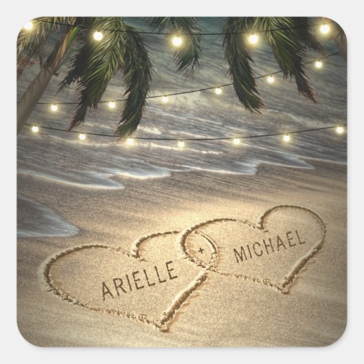 Herz im Sand Beach Shore Palm Tree Hochzeit Quadratischer Aufkleber (Vorderseite)