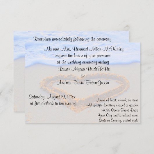 Herz im Sand-Strand-Hochzeits-Empfang Einladung (Vorne/Hinten)