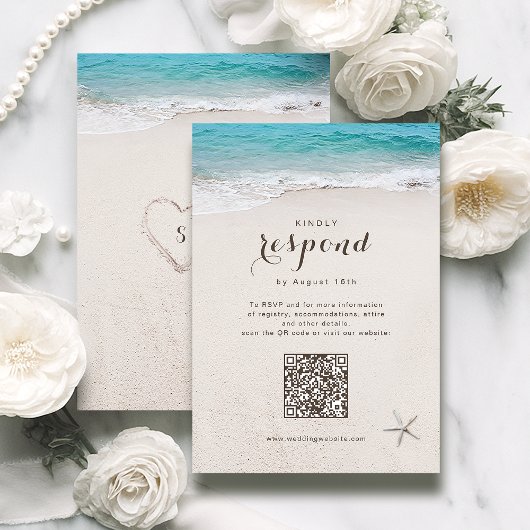 Herz im Sandstrand Hochzeit QR-Code RSVP Karte