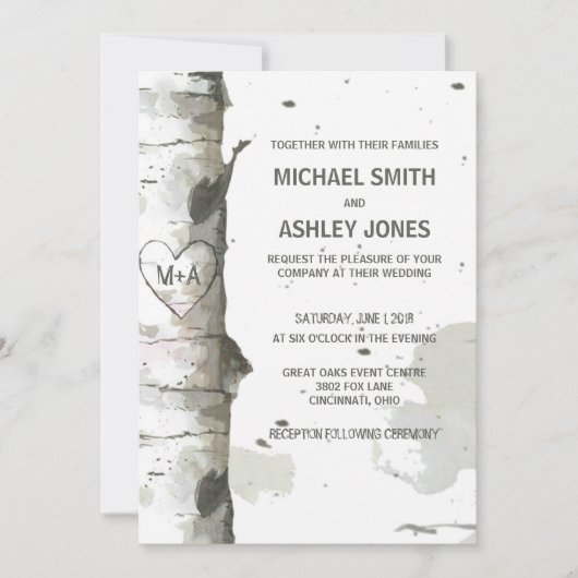 Herz in Bäume mit Initialen Hochzeitsaufenthalte Einladung (Vorderseite)