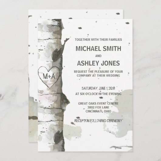 Herz in Bäume mit Initialen Hochzeitsaufenthalte Einladung (Vorne/Hinten)