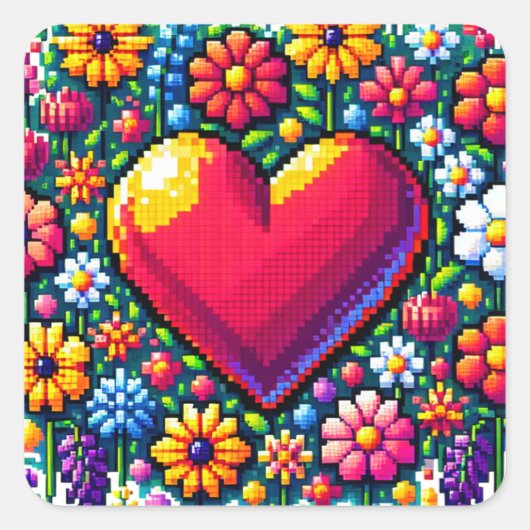 Herz in Blume Pixel Art Quadratischer Aufkleber (Vorderseite)