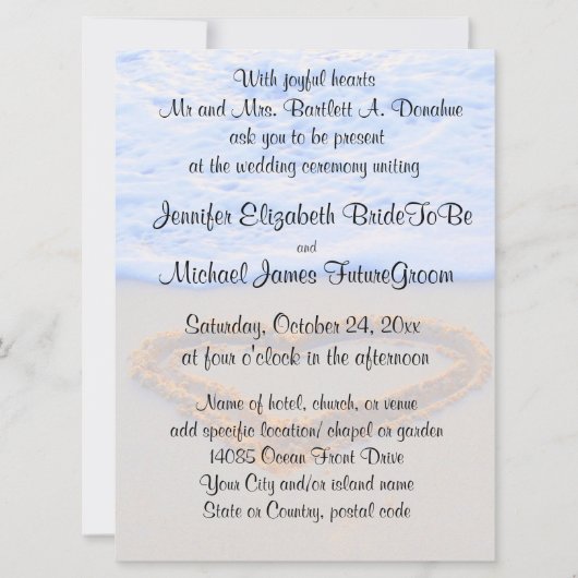 Herz in der Sand-Strand-Hochzeit Einladung (Vorderseite)