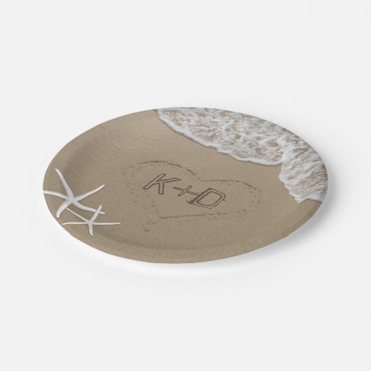 Herz in der sandischen Starfish Summer Beach Hochz Pappteller (Schrägansicht)