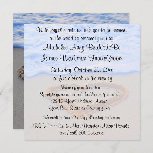 Herz in Sand Beach Hochzeit mit UAWG Einladung (Vorne/Hinten)