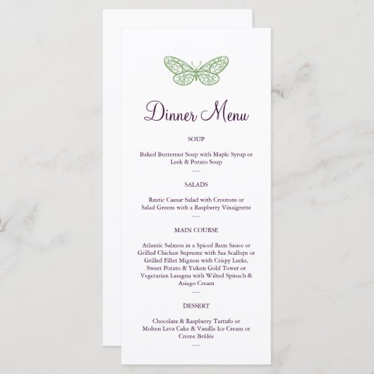 Herz ist ein "Flutter Menu" in grün Menükarte (Vorne/Hinten)