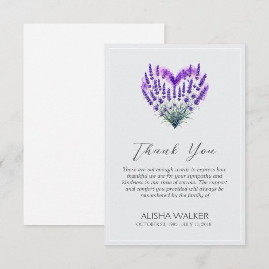 Herz Lavender Beerdigung Danke Karte (Vorne/Hinten)