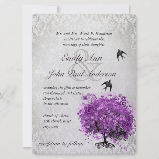 Herz Leaf Lila Bäume Hochzeit Einladung (Rückseite)