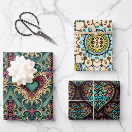 Herz Mandala Geschenkpapier Set (Vorderseite)