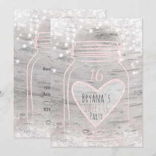 Herz-Mason-Glas & Lichter Birke Sweet 16 Einladung