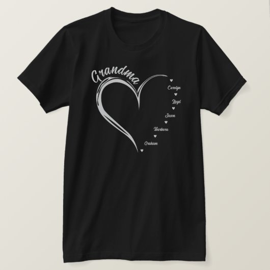 Herz mit 5 Personalisierten Namen, Oma Herz T-Shirt (Design vorne)