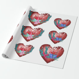 Herz mit blauen und roten Blume und grünen Zweigen Geschenkpapier