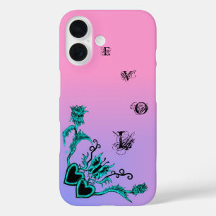 Herz mit Blume und Schmetterling auf rosa Regenbog iPhone 16 Hülle