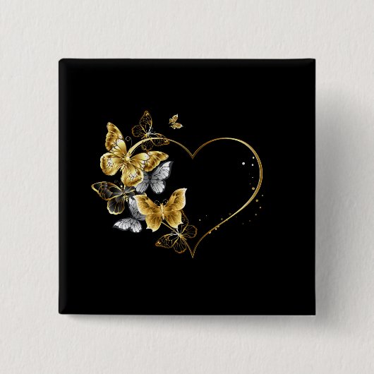Herz mit goldenen Schmetterlingen Button (Vorderseite)