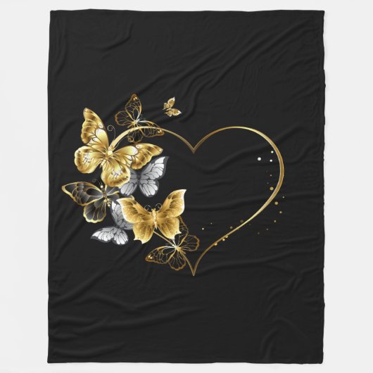 Herz mit goldenen Schmetterlingen Fleecedecke (Vorderseite)