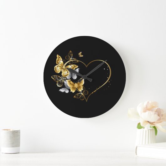 Herz mit goldenen Schmetterlingen Große Wanduhr (Zuhause)
