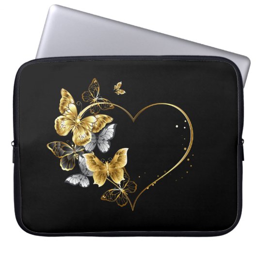 Herz mit goldenen Schmetterlingen Laptopschutzhülle (Vorderseite)