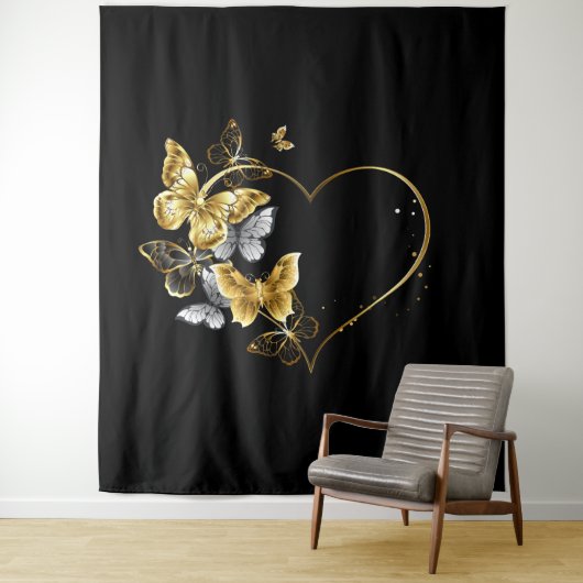 Herz mit goldenen Schmetterlingen Wandteppich (Beispiel)